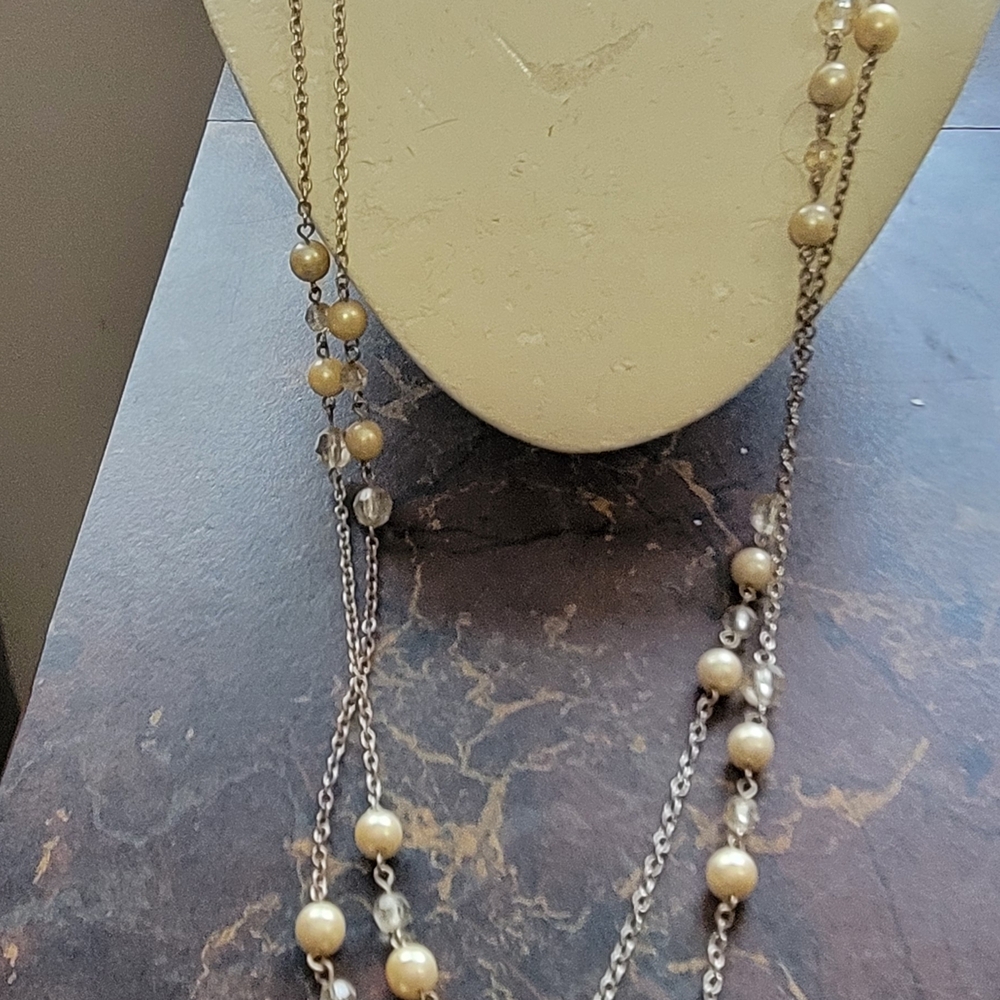 Vintage 60" Pearl and Silver Chain Necklace